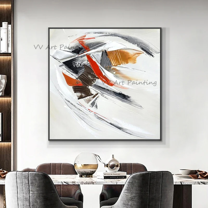 Dynamic Brush Abstract Hand Painted Acrylic Canvas Oil Paintings, Palette Knife Geometric Art, No Framed Dining Room Decor