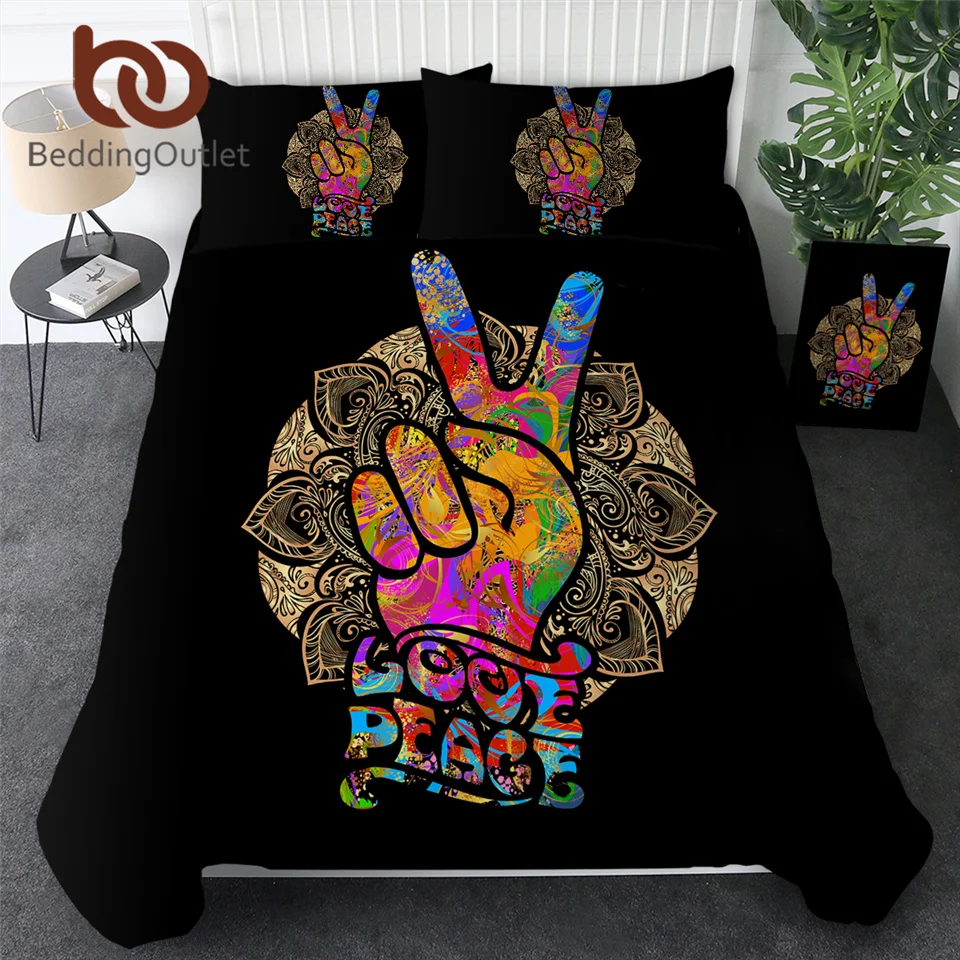 

BeddingOutlet Peace Victory Sign Bedding Set Hippie Bedspread Watercolor Mandala Duvet Cover Colorful Retro Bed Set Queen 3pcs