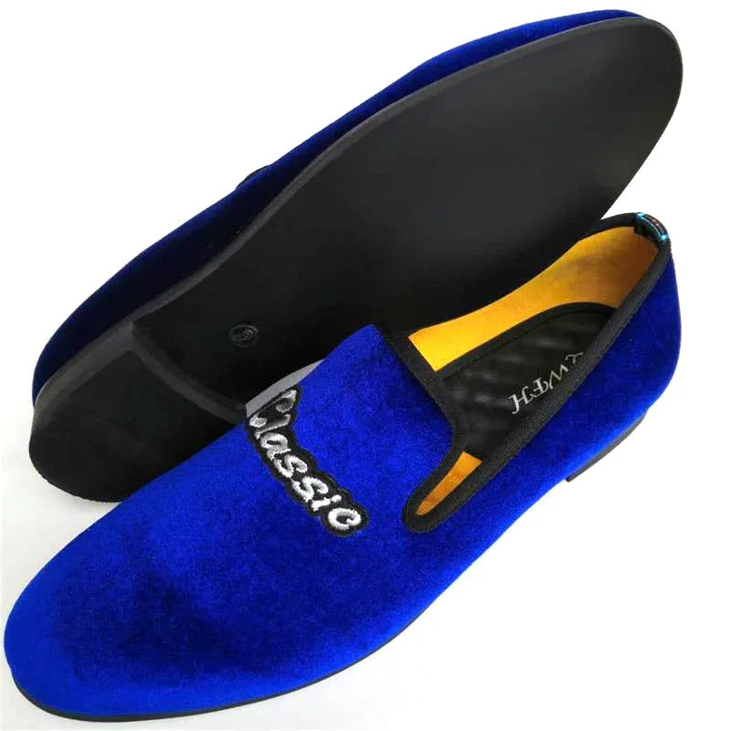 Men Classics Loafers Moccasins Blue Velvet Dress Shoes Wedding Party Flats Smoking Slippers Casual Shoes Fashion