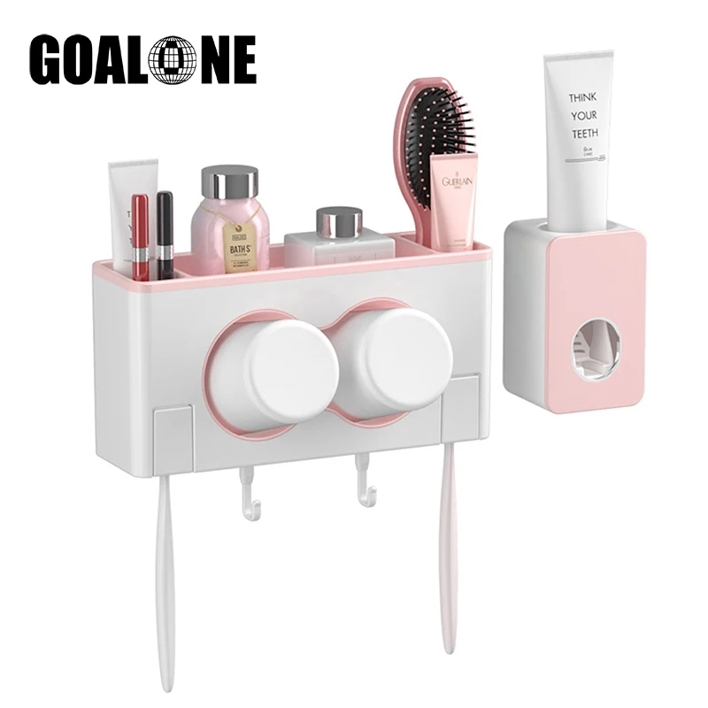 

Bathroom Accessories Wall Mount Couple Toothbrush Holder Set Automatic Toothpaste Dispenser Squeezer Home Storage Rack with Cups