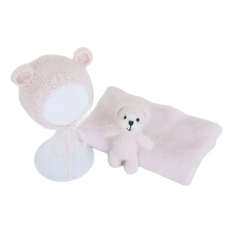 

Pink Fluffy Jersey Angora Teddy Bear Bonnet Toy Set Newborn Photography Prop Knit Stretch Wool Wrap and Hat Toy Three-Piece Suit