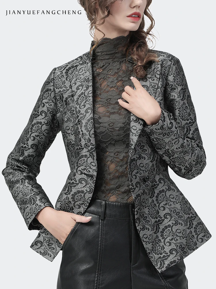 2022 Autumn New Women\' Jacquard Blazer Elegant Suit Collar Long Sleeve Slimming Short Jacket Vintage Casual Office Female Coat