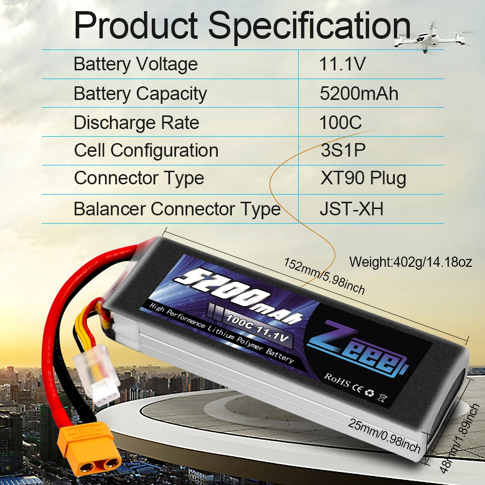 Zeee 11.1V 5200mAh 100C 3S Lipo Battery with XT90 Connector Graphene Lipo Battey for RC Car Boat Quadcopter Helicopter Airplane