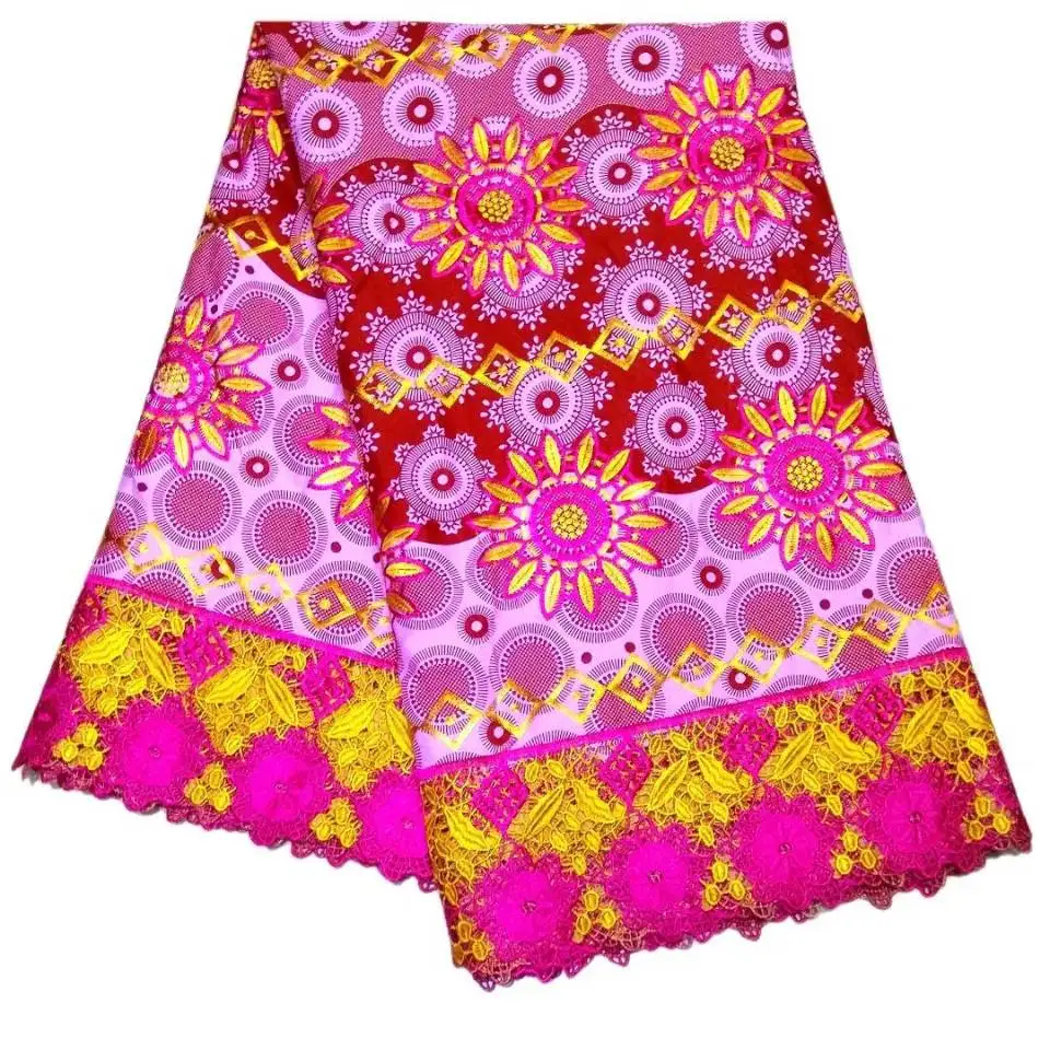 

6 Yards/pc Most fashion pink cotton fabric with printed flower pattern and fuchsia african water soluble lace for dress LBL32-5