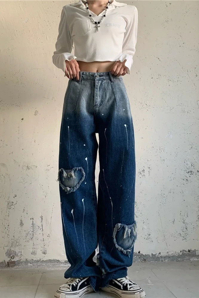 Jeans Pants Women's Autumn Design Straight Pants Jeans Loose Wear Out Denim Wide Leg Pants For Female