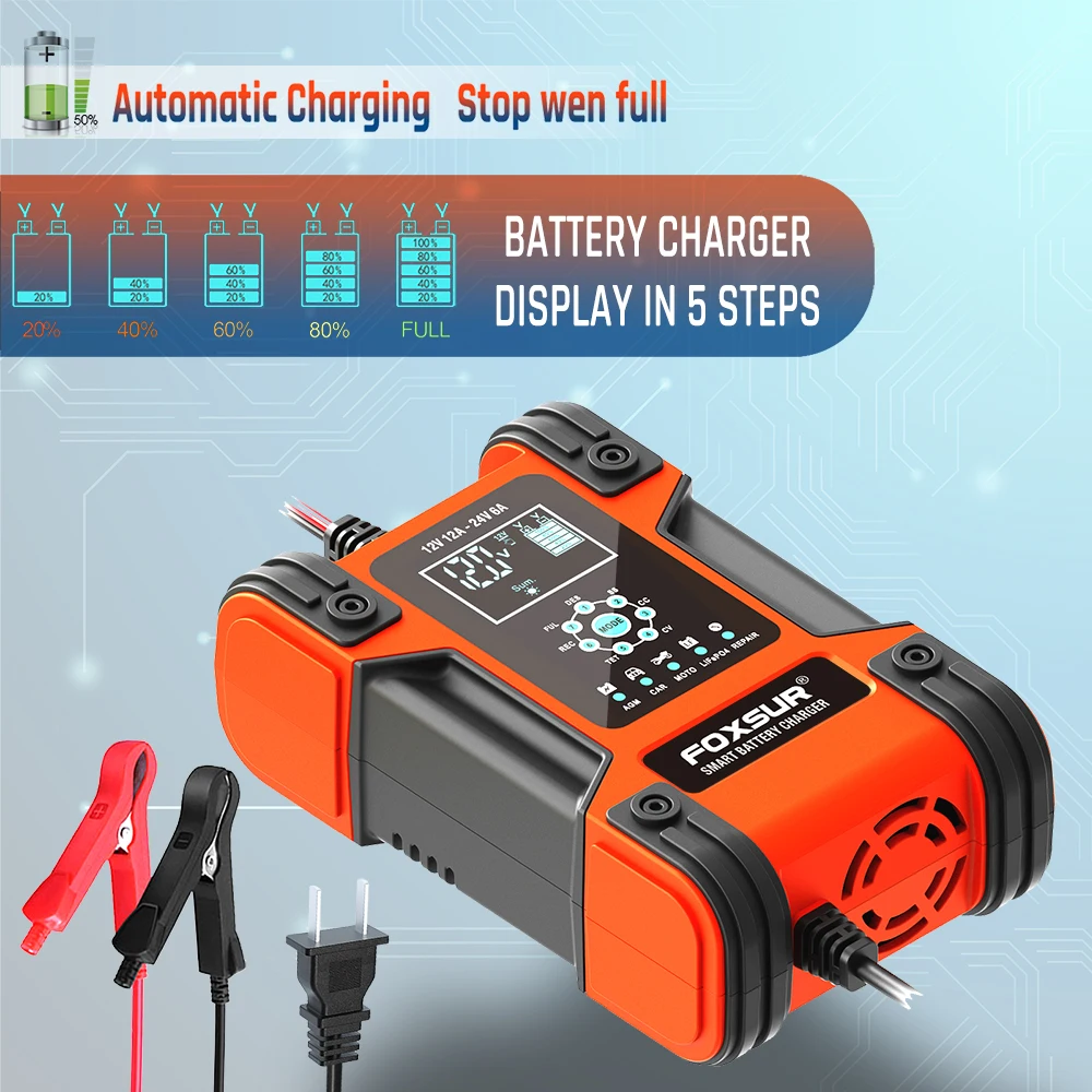 FOXSUR Smart Car Battery Charger 12Volt 12Amp or 24V 5A Motorcycle Truck Boat Lithium LiFePO4 AGM GEL WET Lead Acid Maintainer