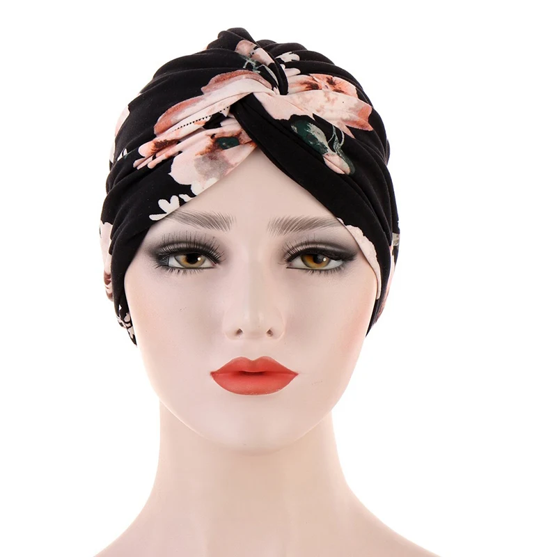 Women Muslim Cotton Turban Folding Cross Knotted Hair Ribbon Scarf Elastic Head Wrap Headwear Bandanas Lady Hair Hats Beanie