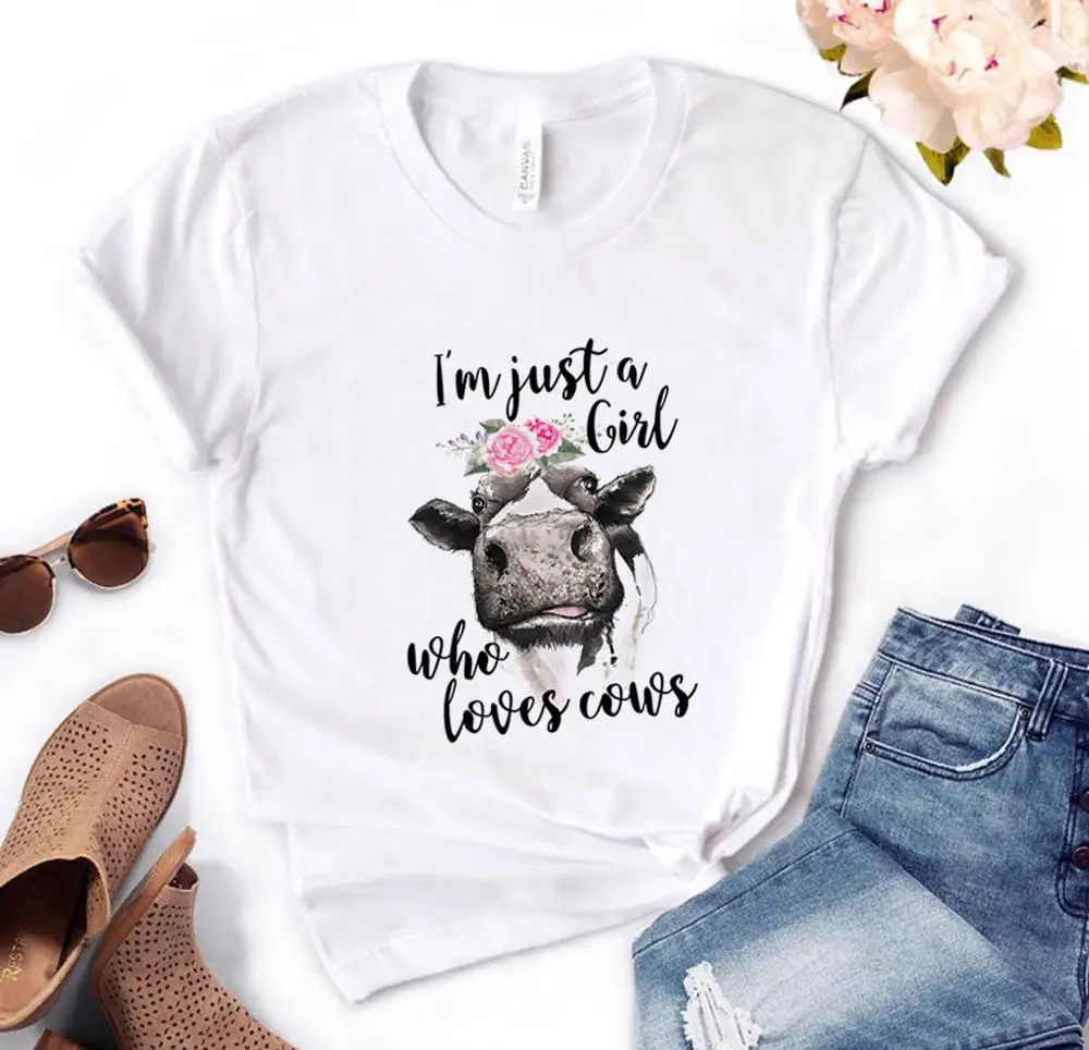 Women Short Sleeve O Neck Loose T-shirt Ladies Causal Tee Shirt Women T Shirt I'm Just A Girl Who Loves Cows floral Print Tshirt