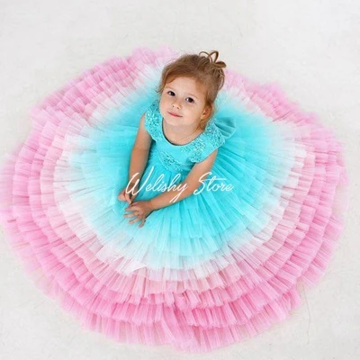 

Sweet Girls Colorful Beading Ruffled Tiered Tulle Dresses Rainbow Long Tutu Dress Formal Wear Kids Birthday Party Dress Custom