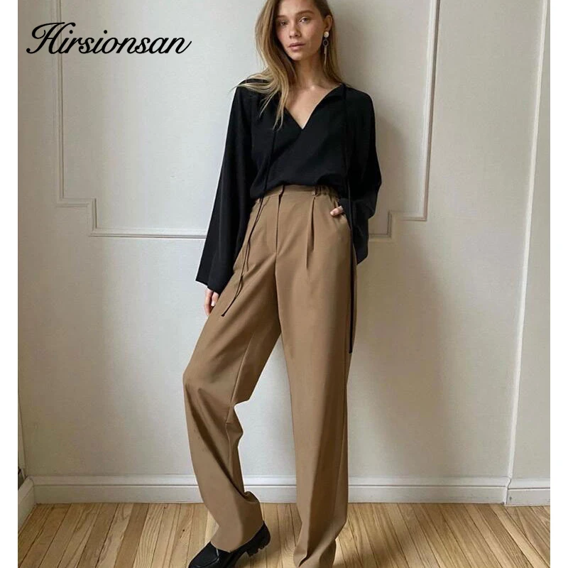 

Hirsionsan High Waisted Loose Straight Trousers Women 2023 New Office Lady Cusual Wide Leg Pants Vintage Zipper-Up Female Pants