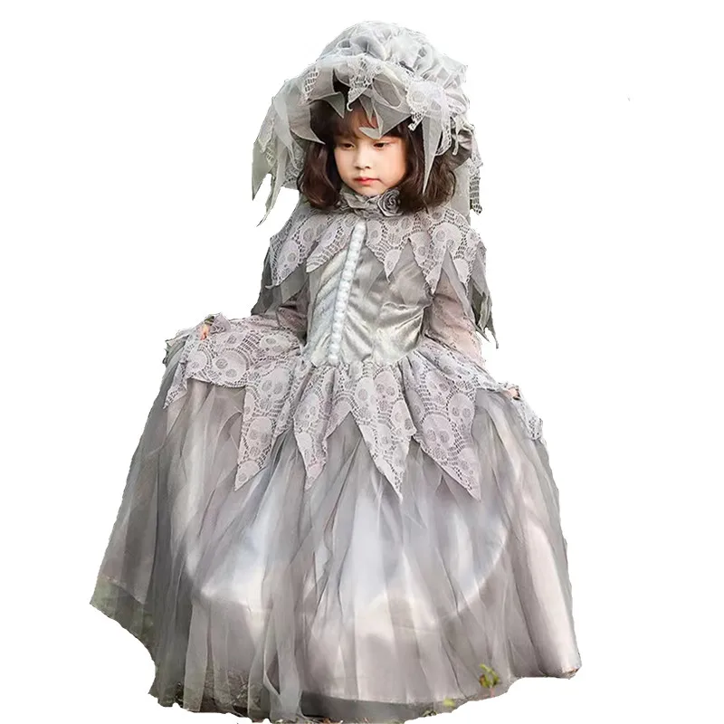 Grey Girls Corpse Bride Cosplay Children Kids Halloween Zombie Costumes Carnival Purim Parade Masquerade Role Play Party Dress