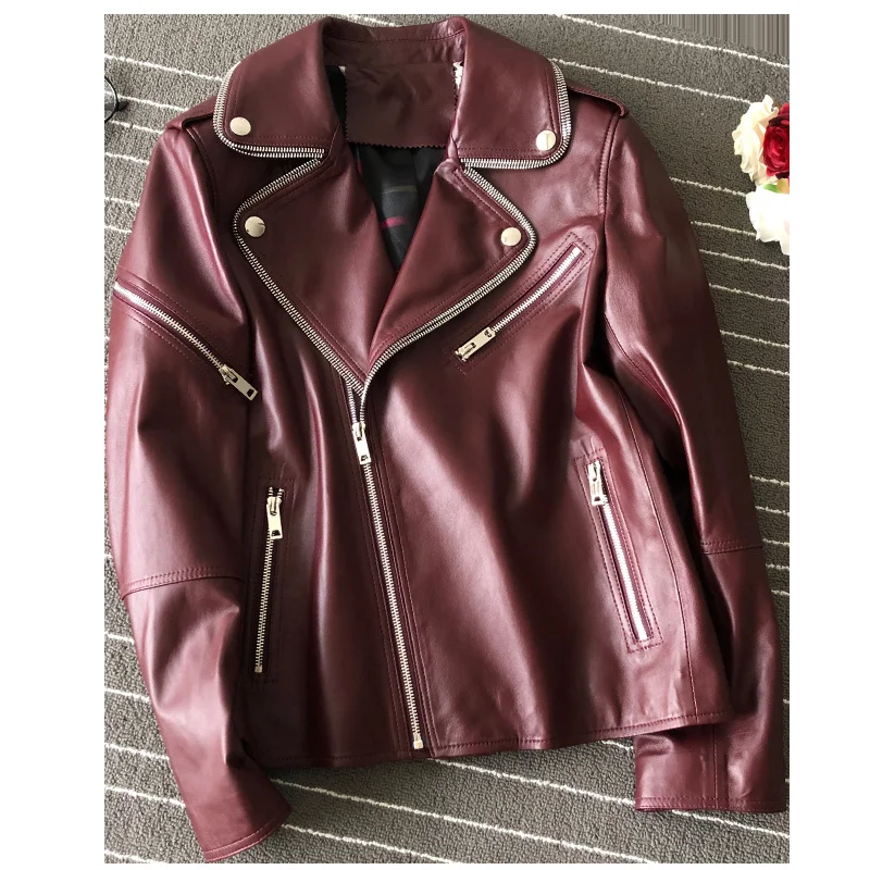 Jaket Kulit Asli untuk Wanita Klasik Wanita Jaket Moto Biker 2023 Baru Musim Semi Musim Gugur Antik Burgundy Longgar Pakaian Luar Kasual