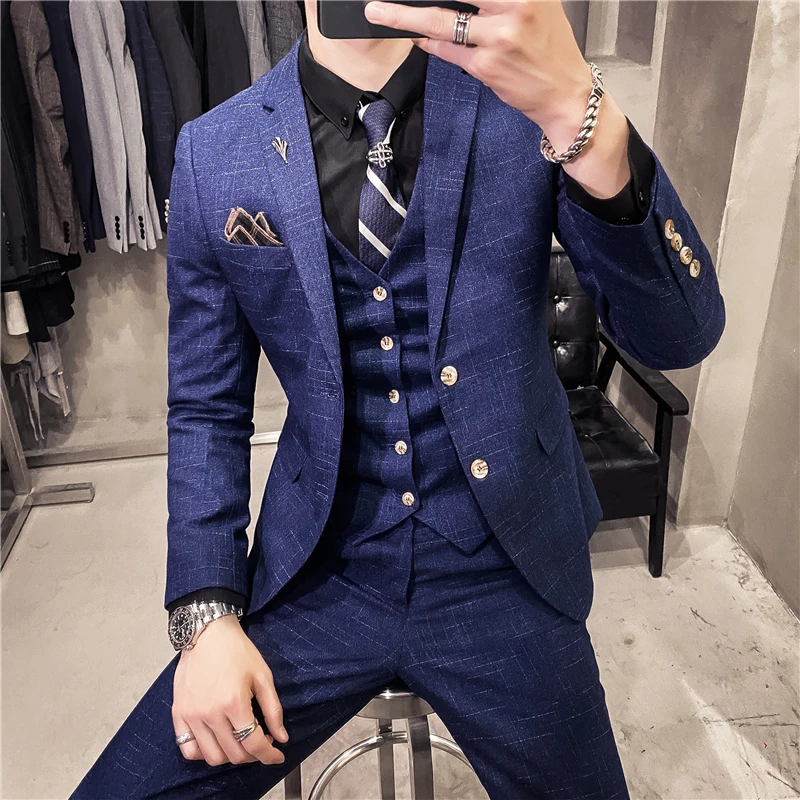 S-7XL Men Skinny 3 Pieces Set Formal Slim Fit Tuxedo Prom Suit / Male Groom Wedding Blazers luxury Dress Jacket Coat Pants Vest