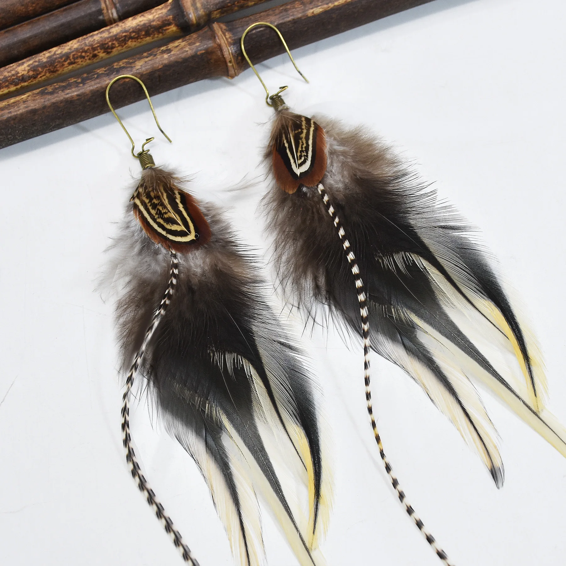 Bohemian Ethnic Style Zebra Pattern Pure Natural Feather Long Earrings Fashion Geometric Feather Tassel Earrings Jewelry