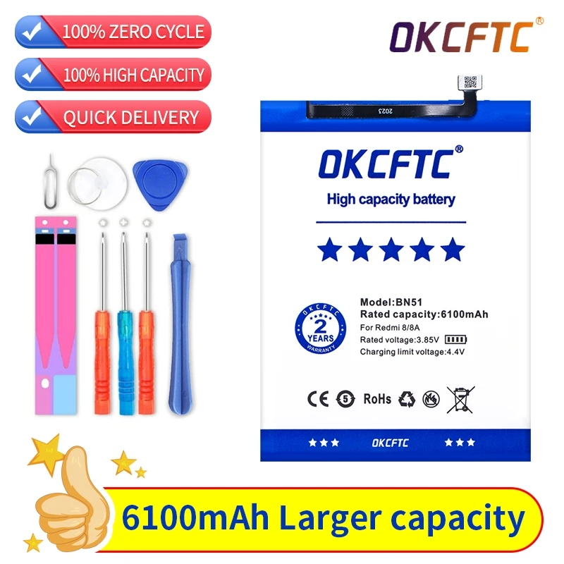 OKCFTC Original Replacement Battery 6100mAh BN51 For Xiaomi Redmi 8 Redmi 8A Redmi8 Authentic Phone Battery +Tools