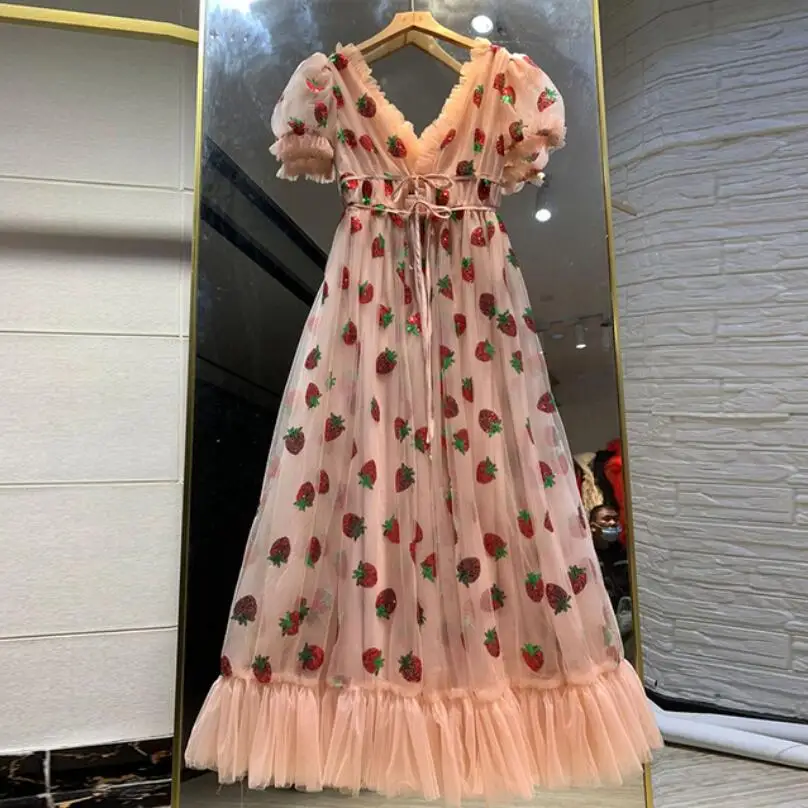 Women Long Party Strawberry Dress 2022 Sequin Mesh Sweet Lolita High Waist Pink Black Tulle Maxi Dresses Robe Femme w156