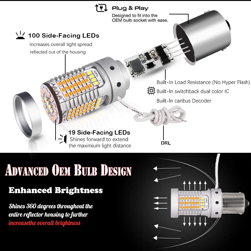 No Hyper Flash BAU15S LED Canbus 7507 PY21W Switchback White/Amber LED Bulbs For Daytime Running Lights/Turn Signal Lights 12V