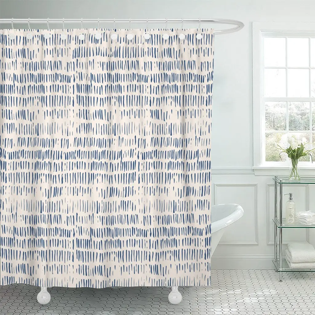 Watercolor Pattern Tie Dye Shibori Stripes Ink Japanese Blue Shower Curtain Waterproof 72 x 72 Inches Set with Hooks