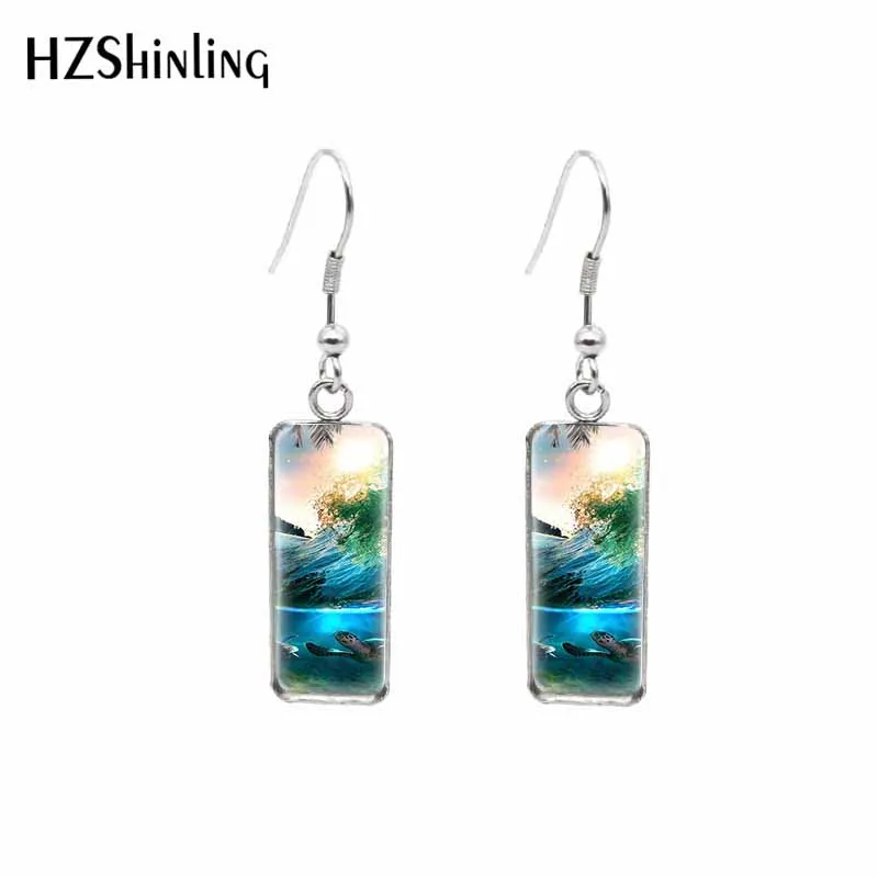 2021 Summer Sea Beach Patintings Rectangular Hook Earrings Glass Cabochon Dangle Drop Stainless Steel Ear Jewelry