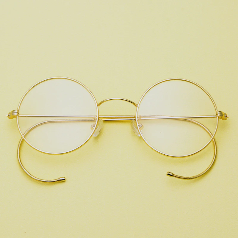Vintage Men Golden Circular Eyeglasses Metallic Fiber Frames Spring Temples Ultra Lightweight Prescription Eyewear