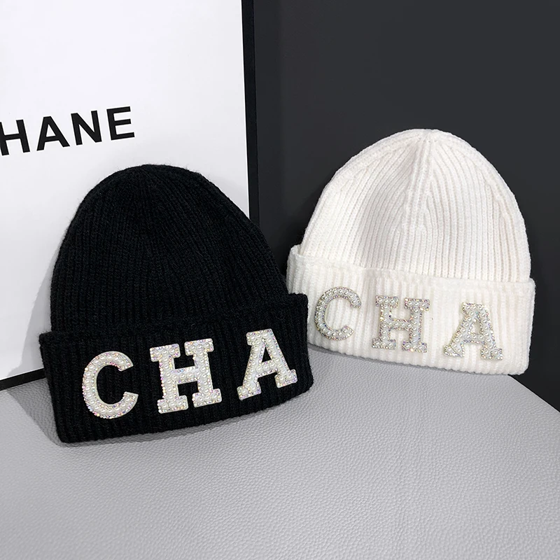 

Winter hat for women 2021 pearl rhinestone wool Beanie hat female warm letter CHA knitted hat bonnets for women