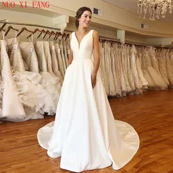 Nuoxifang elegante a linha vestidos de casamento com decote em v branco marfim simples cetim vestidos de novia 2022 sem costas casamento vestidos de noiva