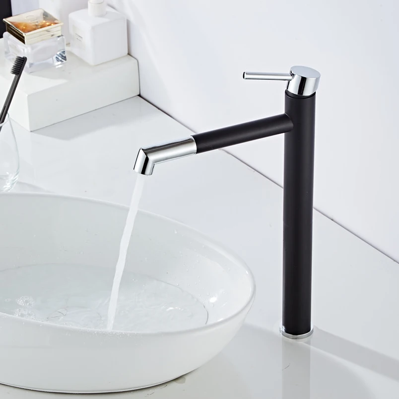 Economic Simple Black and White Bathroom Sink Faucet Brass Deck-mounted Single-hole Rotatable Wash Basin Water Mixer Tap B3437