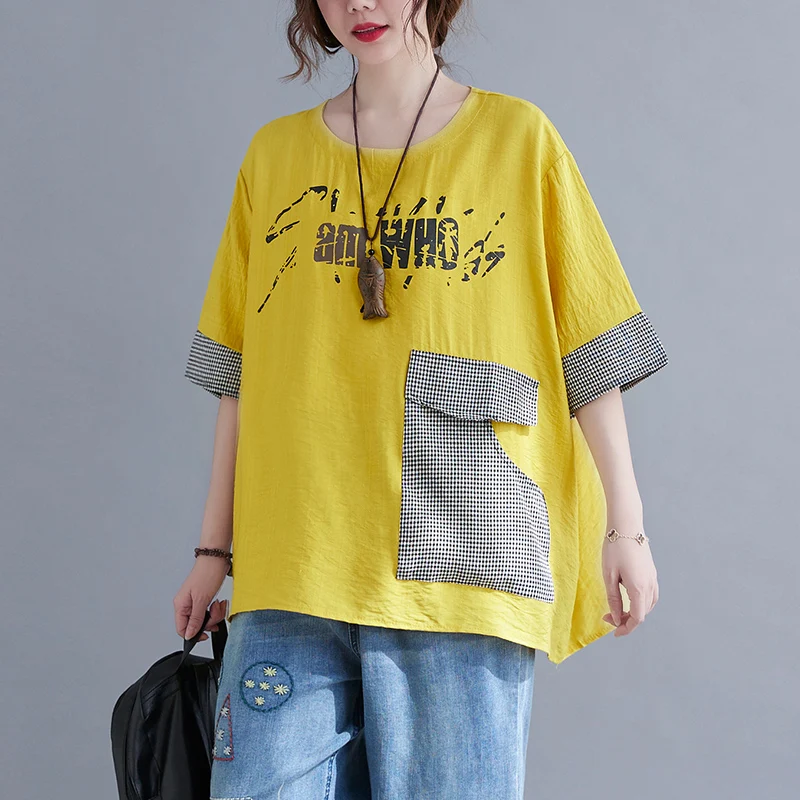 Oversize T-Shirt For Women Elegant Sweet Personalize Letter Printing Patchwork Tops Plaid Pocket Loose Half Sleeve O-Neck Tees