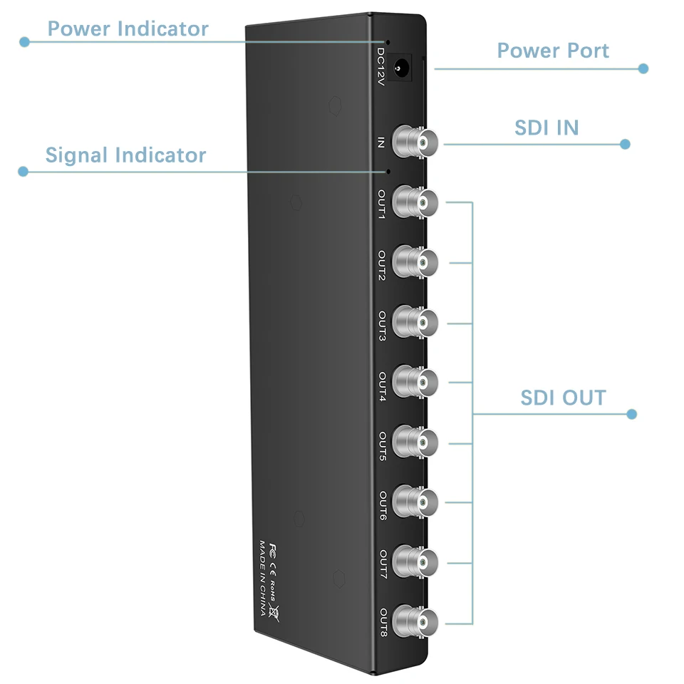 Imagem -02 - Wiistar Sdi Divisor 1x8 em para Fora Suporta sd hd 3g-sdi Repetidor Extensor com Adaptador de Energia Sdi Vídeo Splitter para Monitor