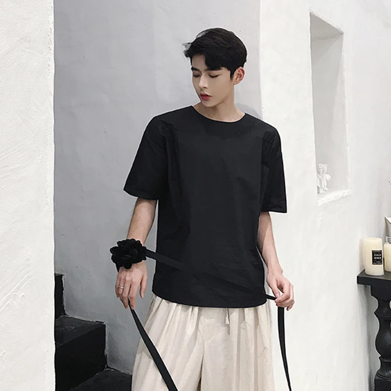 Off shoulder sleeve cut solid color t Short Sleeve T round neck summer alternative men's loose T-shirt fashion brand T-shirt new