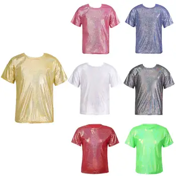Metallic Shiny Dance T-Shirt for Kids 3 Kids Boys Girls Metallic Shiny T-shirts Top Stretchy Bright Blouse Dancewear Sparkly Jazz Hip Hop Modern Dance Tops Performance 3
