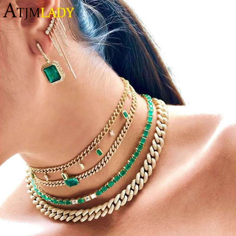 

Full Paved Square Green White Cubic Zirconia Cz Tennis Choker Necklace 32+10cm Gold Color Vermeil Luxury Women Trendy Jewelry