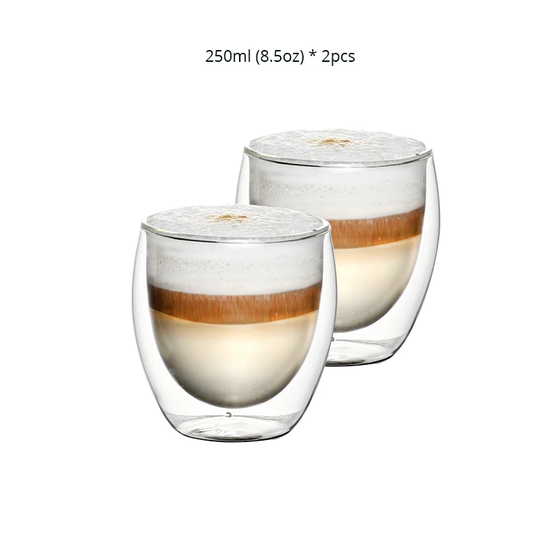 Set of 2pcs 8.5oz Double Wall Heat Resistant Borosilicate Handmade Blown Coffee Glasses for Latte Tea Cold Drinks 250ml