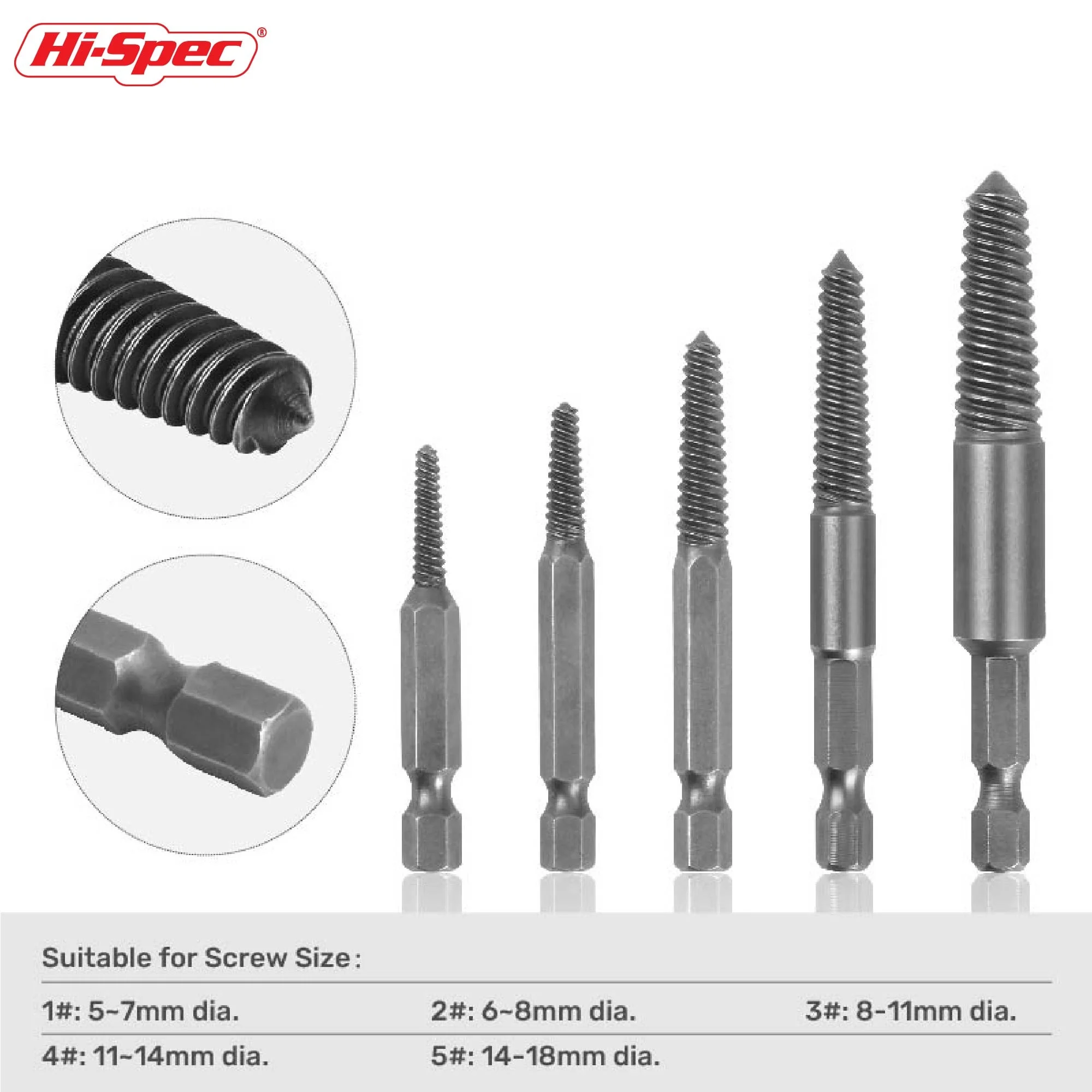 Hi-Spec 5 Pieces of Damaged Screw Extractor, Hexagonal Handle Screw Stripper, 5-18 Mm Broken Screw Removal Power Tool