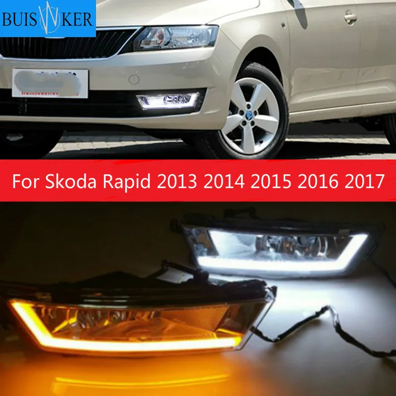 

1 set LED DRL Daytime Running Lights Daylight With turnning yellow signal Lamp For Skoda Rapid 2013 2014 2015 2016 2017