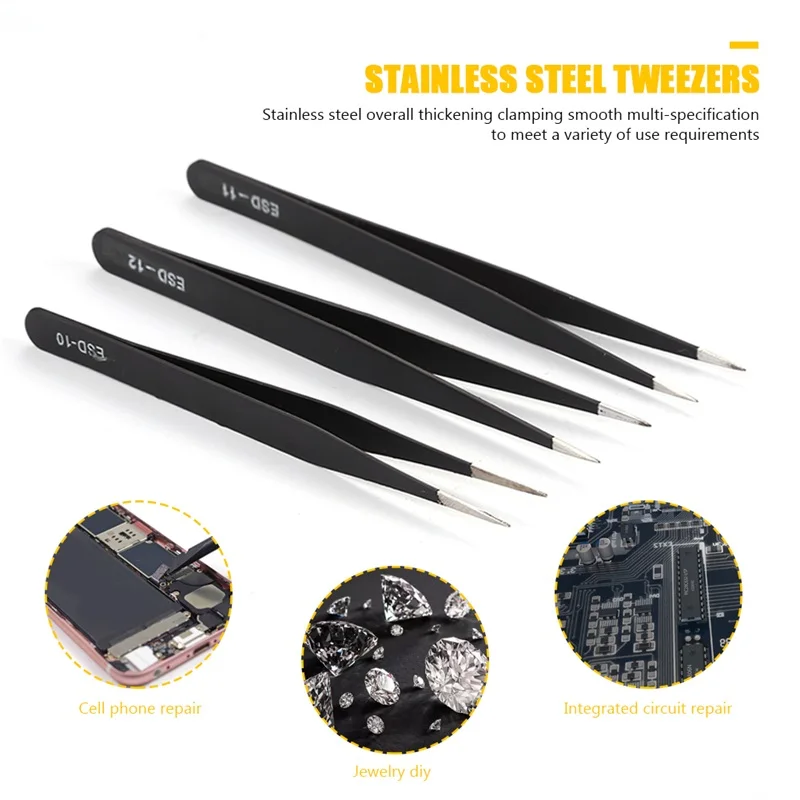 6 ชิ้น/เซ็ต Anti Static แหนบสแตนเลสหยิบอัญมณีกาวโฟมจุด Electronics Repair เครื่องมือ Fine/Board Tip 2021