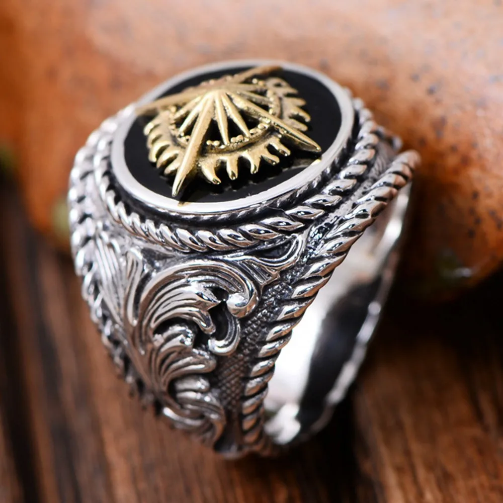 BOCAI New 100% Real S925 Silver Fashion Totems Sun Flower Men Ring Cross Retro Thai Punk Jewelry Accessories