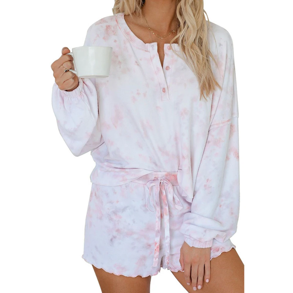 Conjunto de blusa de manga larga para mujer, pantalones cortos con cordón, ropa de estar por casa