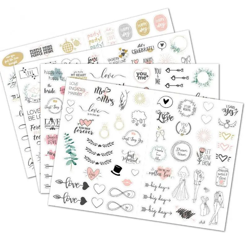 230pcs/4sheets Wedding Sticker Sets Wedding Scrapbooking Planner Stickers for Engagement, Party Phone, Valentine's Day Gift Wrap