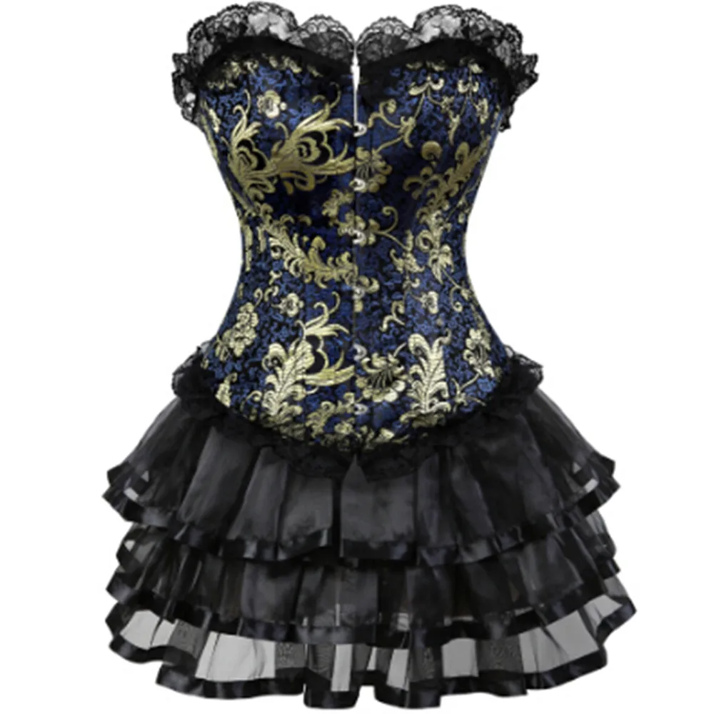 

Gothic Gold Jacquard Corset Lace up Overbust Corsets Halloween Costume cosplay Dress Tutu Skirt Petticoat Showgirl Dance Dress