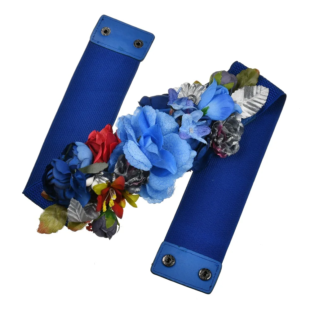 Cinturón azul con flores artificiales para mujer, faja de cintura ancha, accesorios de fiesta