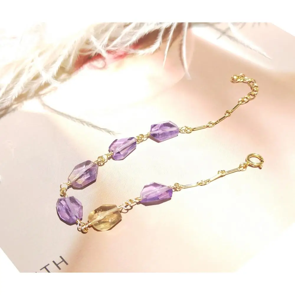 Lii Ji Natural Stone Real Ametrine Irregular Facted Beads American 14K Gold Filled Bracelet Handmade Jewelry 17-19.8CM