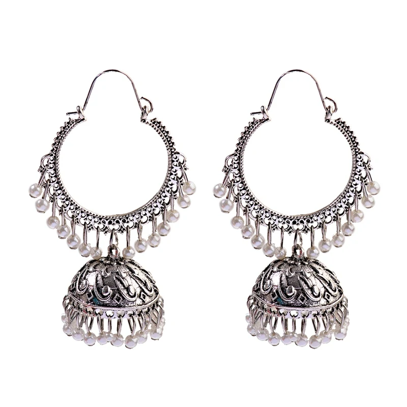 Women\'s Ethnic Retro Round Indian Jhumka Earrings Classic Vintage White Beads Tassel Earrings Wedding Jewelry Bijoux
