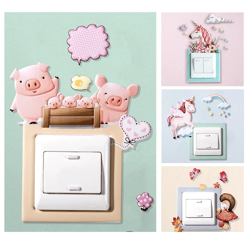 Unicorn Switch Sticker 3D Cute Wall Stickers Simple Protectives Sleeve Lamp Socket Decoration Girl Pig Hedgehog