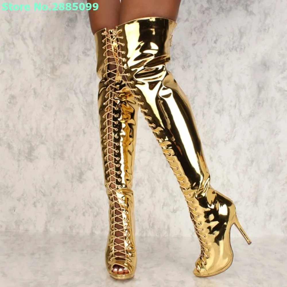 Gold Stiletto Heel Thigh High Boots Lace Up Cross Tied Peep Toe Solid Patent Leather Back Zipper Spring Autume Long Boots Shoes