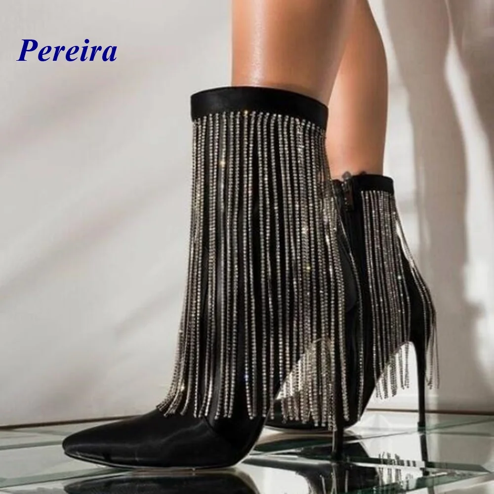 Pointed Toe Fringe Ankle Boots Metal Chain Decor Side Zipper Short Boots Stiletto Heel Black Winter Women Shoes New Arrival