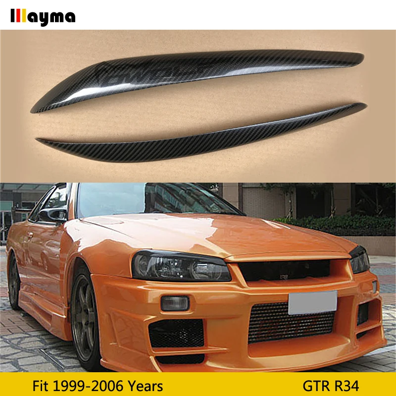 

Carbon Fiber headlight Cover Eyelids Eyebrows For Nissan GTR R34 1999 - 2006 BNR34 front decorative sticker 2pcs