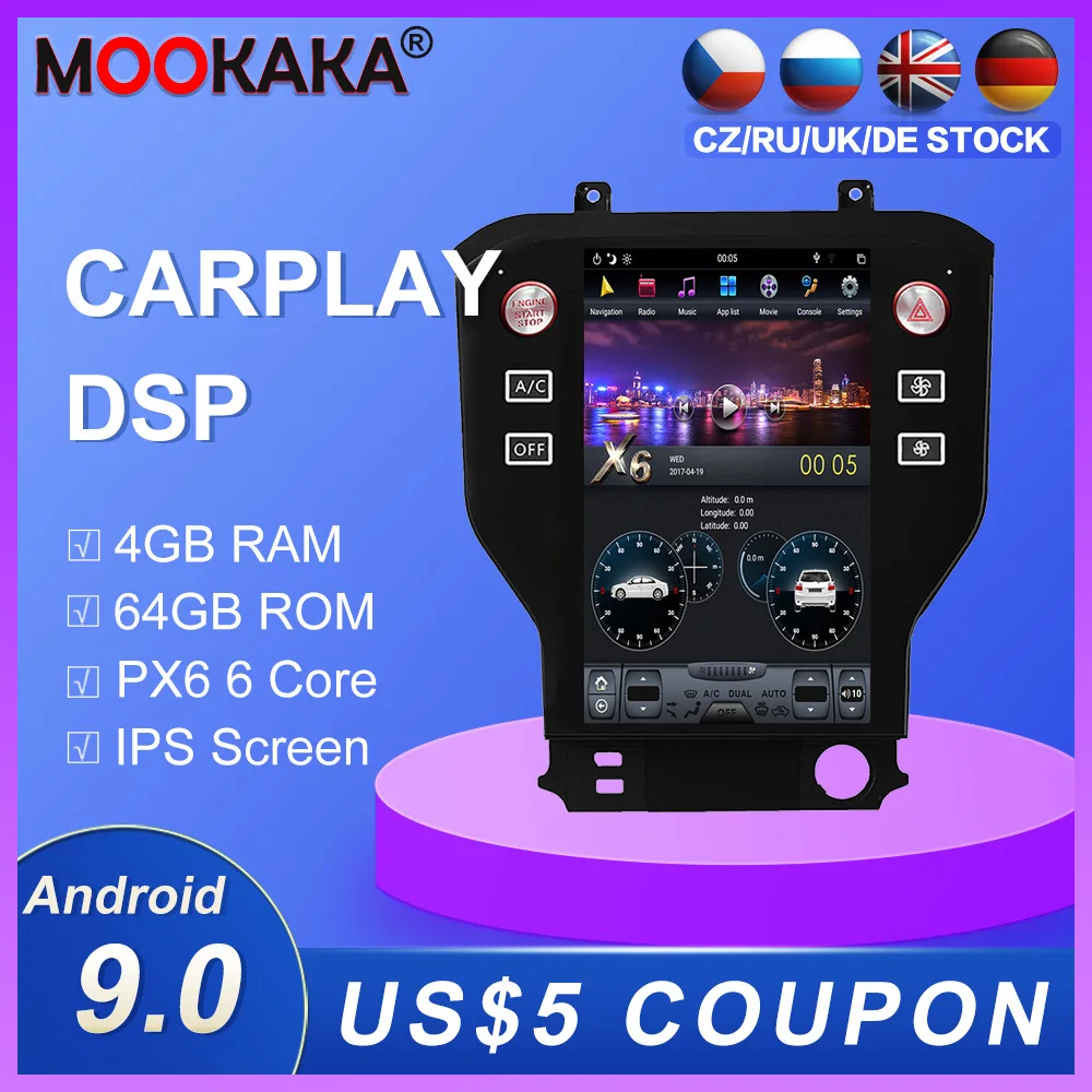 Carplay Dsp Android 9.0 Px6 Vertical Radio Car Multimedia Player Stereo Gps Navigation For Ford Mustang 2015-2019 Audio