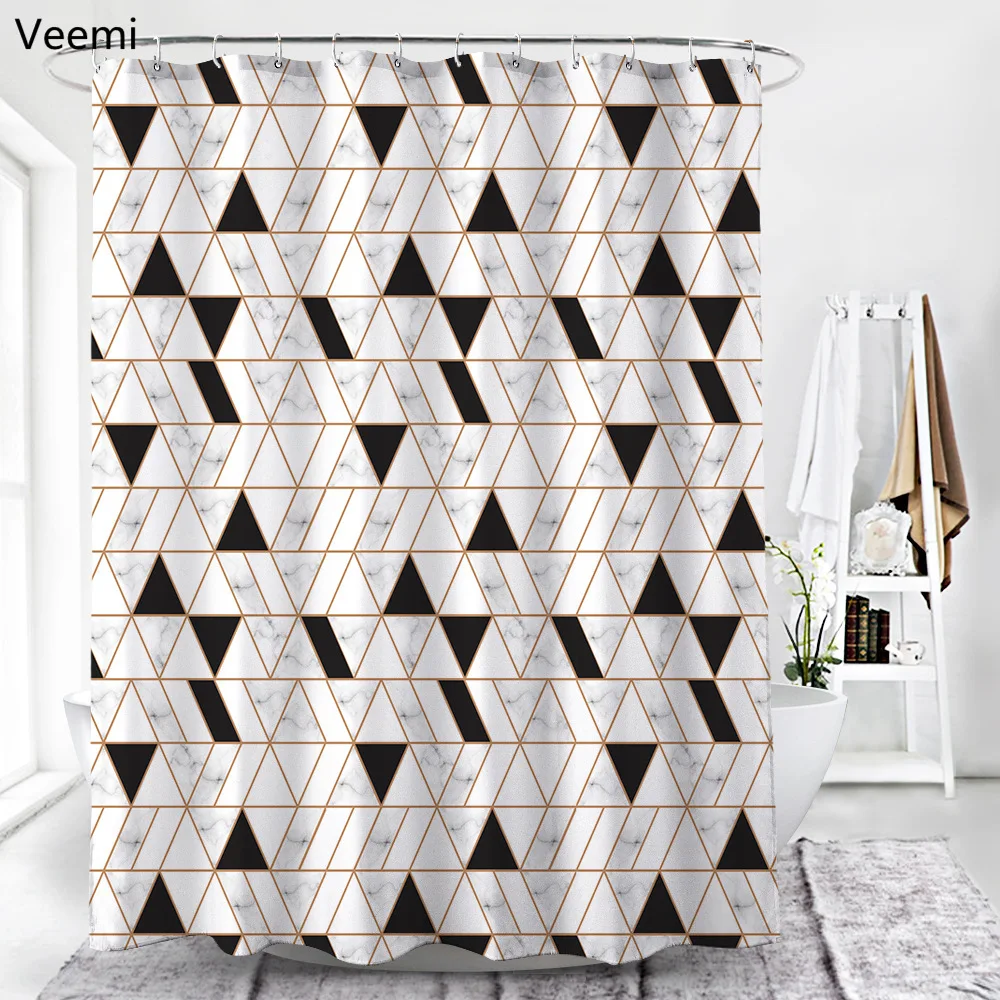 Modern black triangle marble printed waterproof fabric shower curtain bathroom bathtub high quality simplicity curtain with hook