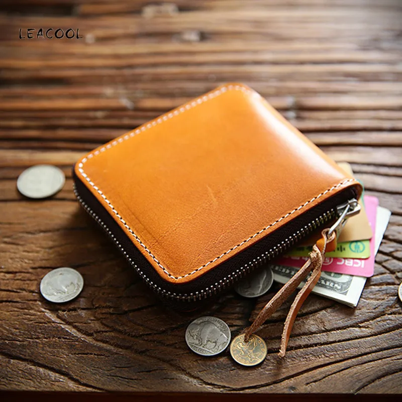 LEACOOL Genuine Leather Wallet For Men Women Vintage Men's Short Zipper Wallets Purse With Card Holder Coin Pocket Money Bag